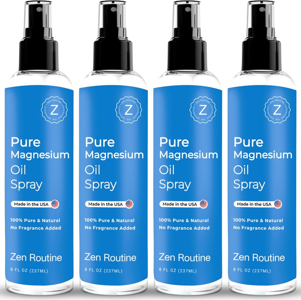 Pulverizador de aceite de magnesio puro – 8oz (4 Pack) - Orgánica USP Grado, Aceite de Magnesio para Pies, Magnesio de Minerales Antiguos - Aceite de magnesio para Los Pies - Cloruro de Magnesio Natural, Made in The USA