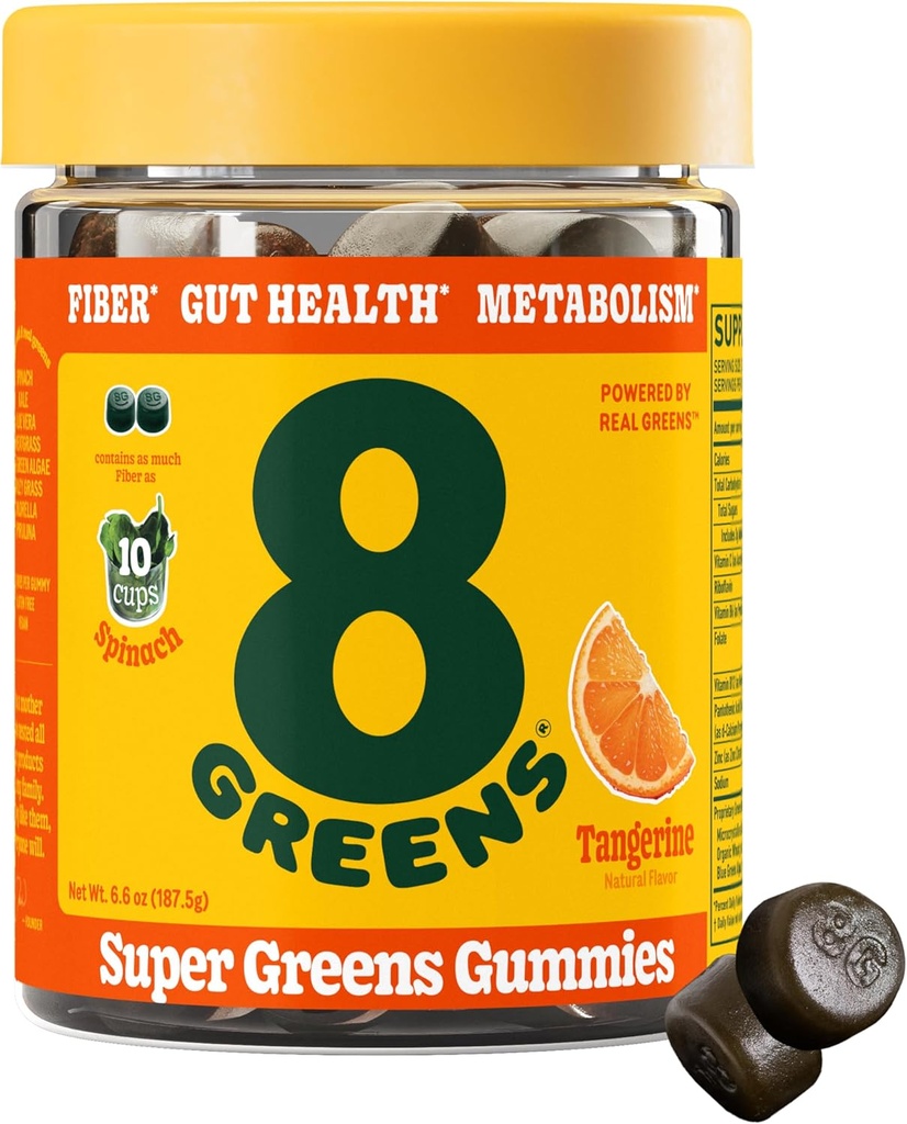 8Greens Fiber Super Greens Gummies ← Fiber, Gut Health, Metabolismo. Salud Digestiva, Sistema Inmunitario Aumenta " Salud Digestiva con 8 Verdes Reales - Fórmula no GMO, Gummy, Tangerine Flavor, 50 Conde