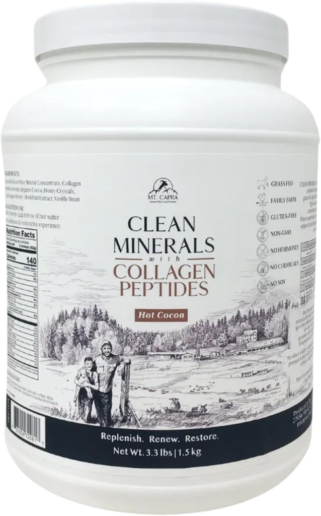 Mt. Capra Minerales Limpios con Peptides Collagen ← Cocoa caliente saludable con Minerales de Goat Milk Whey y Grass-Fed Tipo I y III Peptides Collagen para 10 g Protein ← 35 Servings - 3.3 Libras