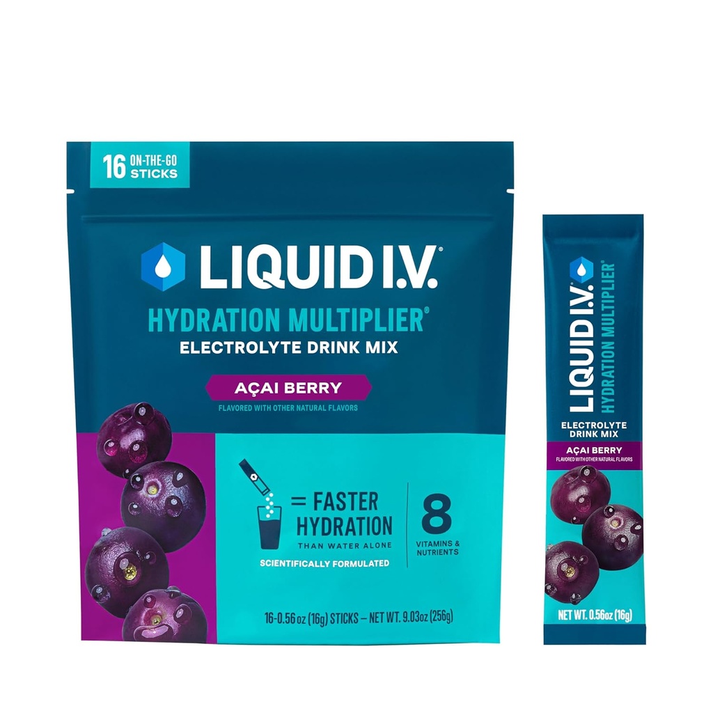 Liquid I.V.® Hydration Multiplier® - Açaí Berry - Hydration Powder Packets ← Electrolyte Powder Drink Mix ← Conveniente Single-Serving Sticks ← Non-GMO TEN 16 Servings (Pack of 12)