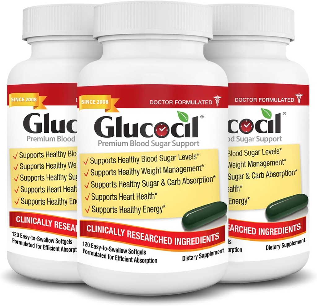 Glucocil – Softgels - Soporte de azúcar de sangre Premium - Más de 2 Millones de botellas Vendidas - Apoya los 3 Esenciales de azúcar en sangre - Desde 2008, con la Hoja de Mulberry Berberina, Propietario, y Más, 3-Pack
