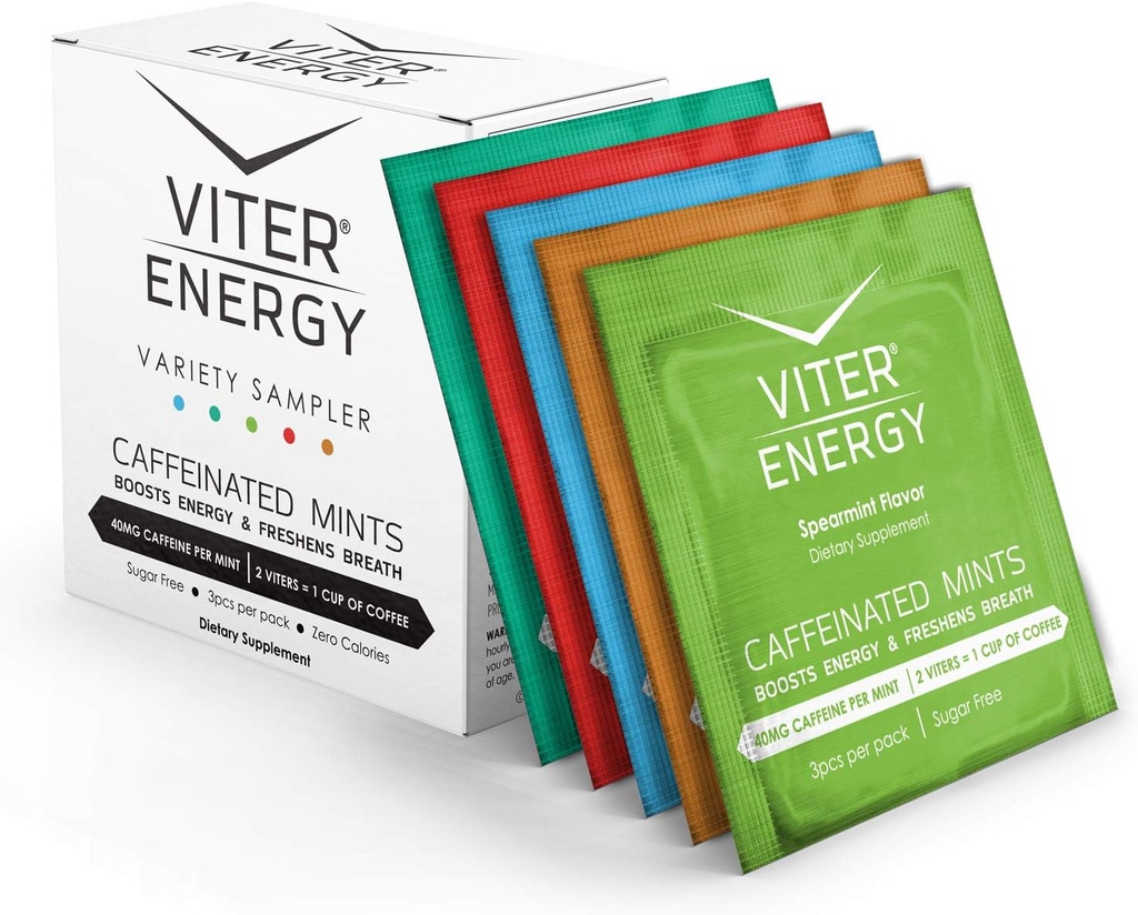 Viter Energy Caffeinated Mints 40mg Caffeine, B Vitaminas, Sugar Gratis. (Variety, 3pcs, 5 Pack)