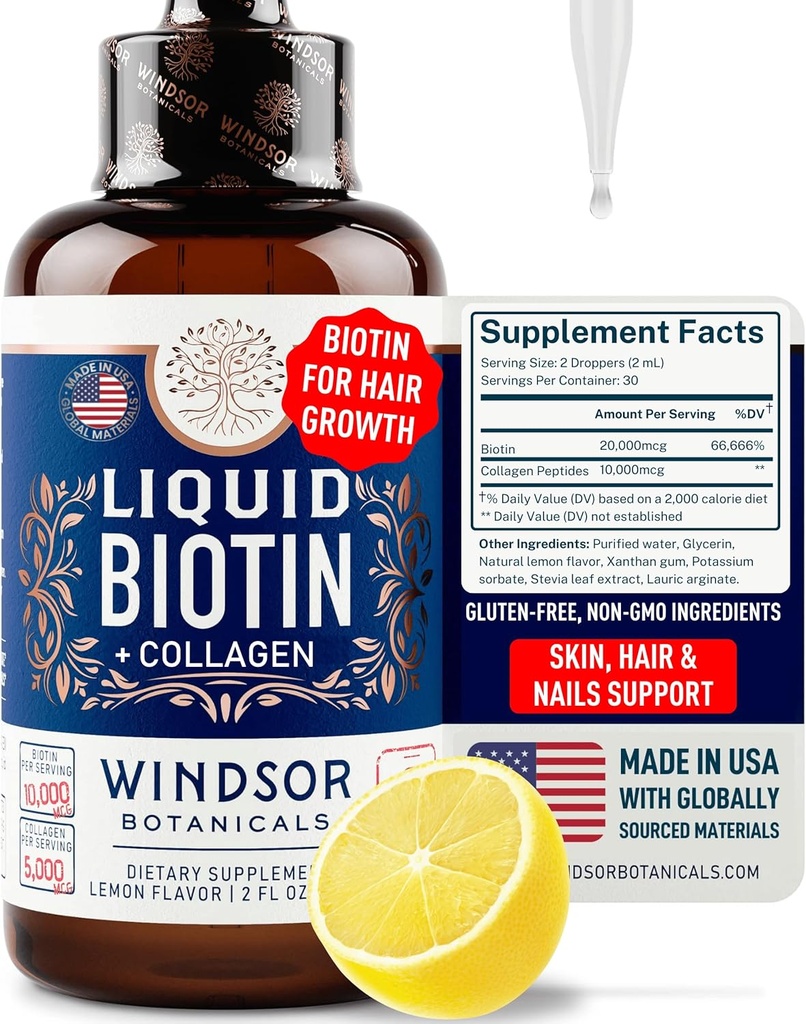 Biotina líquida para el crecimiento del cabello Collagen - Biotin Liquid 10,000mcg Collagen 5,000mcg Extra Strength Liquid - Liquid Collagen and Biotin Drops for Hair Growth - Biotin and Collagen Drops for Women - 2oz