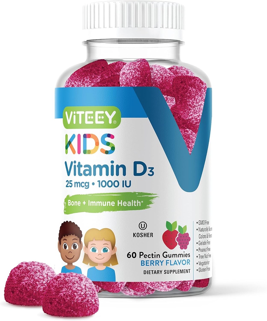 Viteey Vitamina D3 Niño Gummies 25mcg 1000 UI - Bone Health, Immune Health, Joint Muscle Support - Vegetarian, Gelatin Free, Gluten Free, GMO Free - Tasty Chewable Berry Flavored
