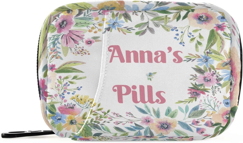 Caja de píldoras personalizada 7 Día bolsa de la pila de la flor de acuarela Nombre personalizado Travel Pill Organizer Bag with Zipper Portable Caja semanal Compacta Tamaño para el sujetador de suplemento de vitamina