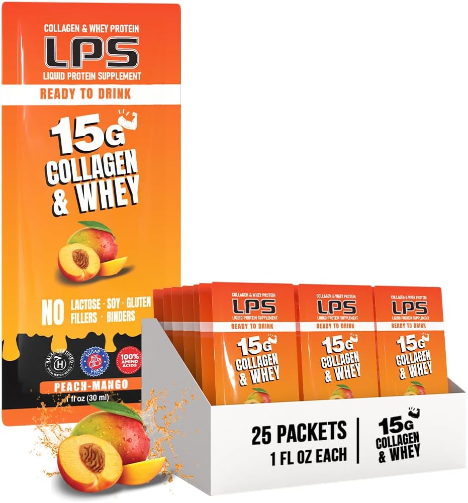 LPS Liquid Collagen &amp; Whey Protein Supplement - Non-GMO Drink, Sugar-Free - Promotes Healthy Skin &amp; Hair for Men &amp; Women, Peach Mango, Single Serve (25 Packets)