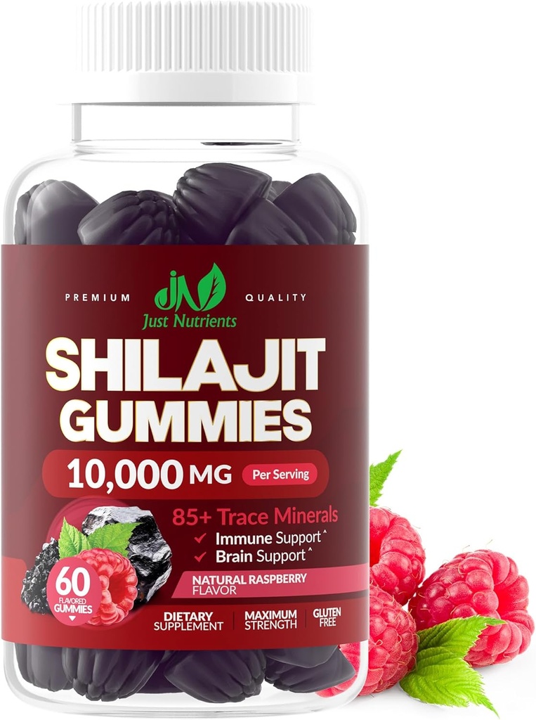 Shilajit Gummies 10,000mg para Hombres &amp; Mujeres - Maximum Strength Pure Himalayan Shilajit, Gluten-Free, Non-GMO, 100% Vegetariano - Natural Raspberry Flavor - 60 Conde