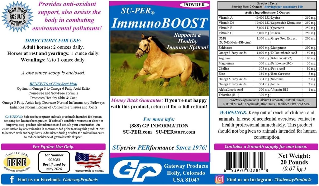 SU-PER ImmunoBOOST Horse Anti-Oxidant Supplement - Supports Immune System & Nutritional Deficiencies - Vitamins E & C, Grape Seed Extract, Herbal Extracts - 20 Pound, 5 Month Supply