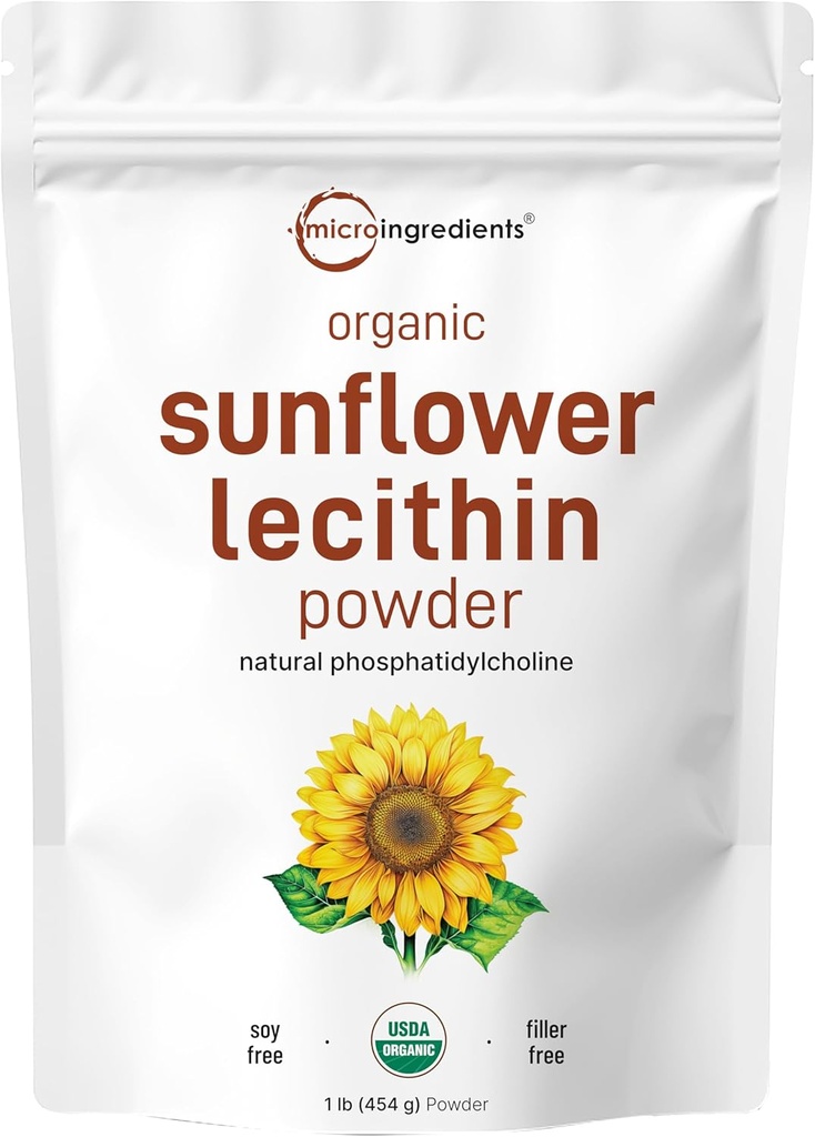 Micro Ingredientes Pólvora orgánica de girasol Lecithin, 1 libra, cultivada sostenible, prensada en frío, rica en fosfatilcolina y proteína, haciendo vitaminas lipomal C, Suplemento de lactancia, no GMO