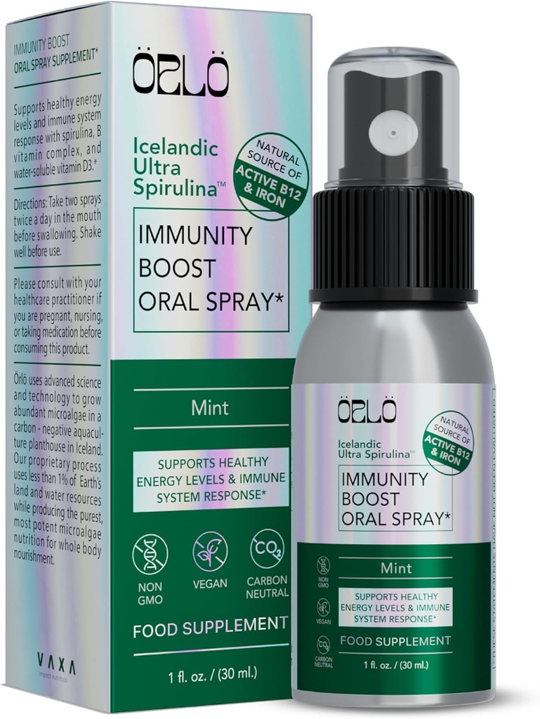 Orlo Immunity Boost Suplemento Multivitamínico para Adultos Spray - Spirulina, Complejo Bioactivo de Vitamina B, Metilcobalamina B12, Vitamina D3 - Energía, Cerebro &amp; Salud Inmunitaria (hasta 60 Servings)