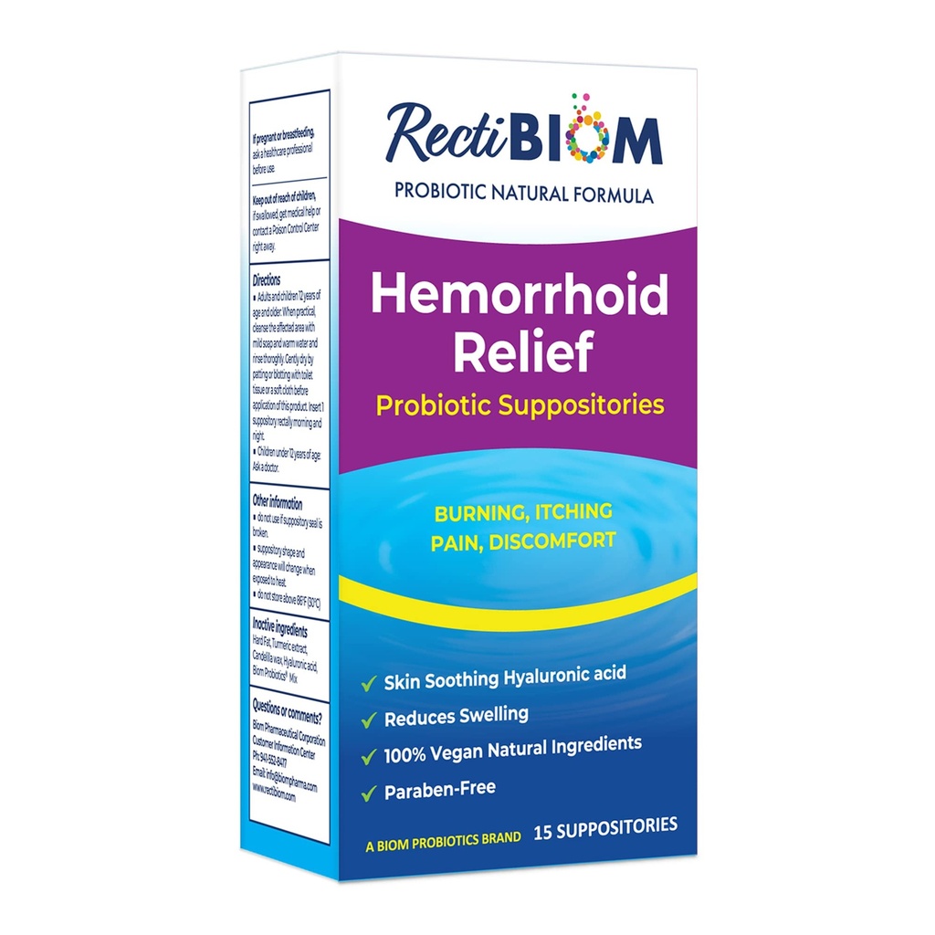 RectiBiom Probiotic Hemorrhoid Relief Suppositories with Skin Soothing Natural Ingredients, Fast Relief. Hyaluronic Acid and Turmeric Extract, Vegan, Gluten-Free Formulation