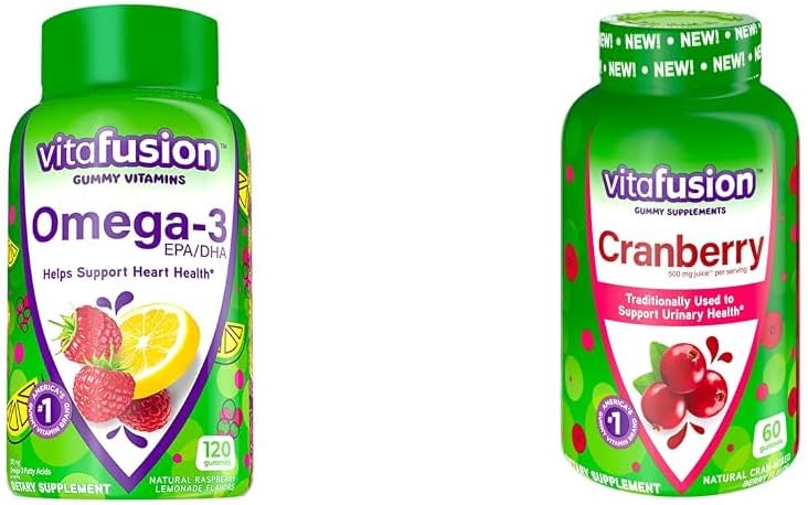 Vitafusion Omega-3 Corporal de Salud Corporal Vitaminas con Gummies de Arándano para Mujeres, 120 Conde Omega 3 EPA/DHA Berry Lemonade y 60 Conde 500 mg de Jugo de Arándano Concentrado por Servir