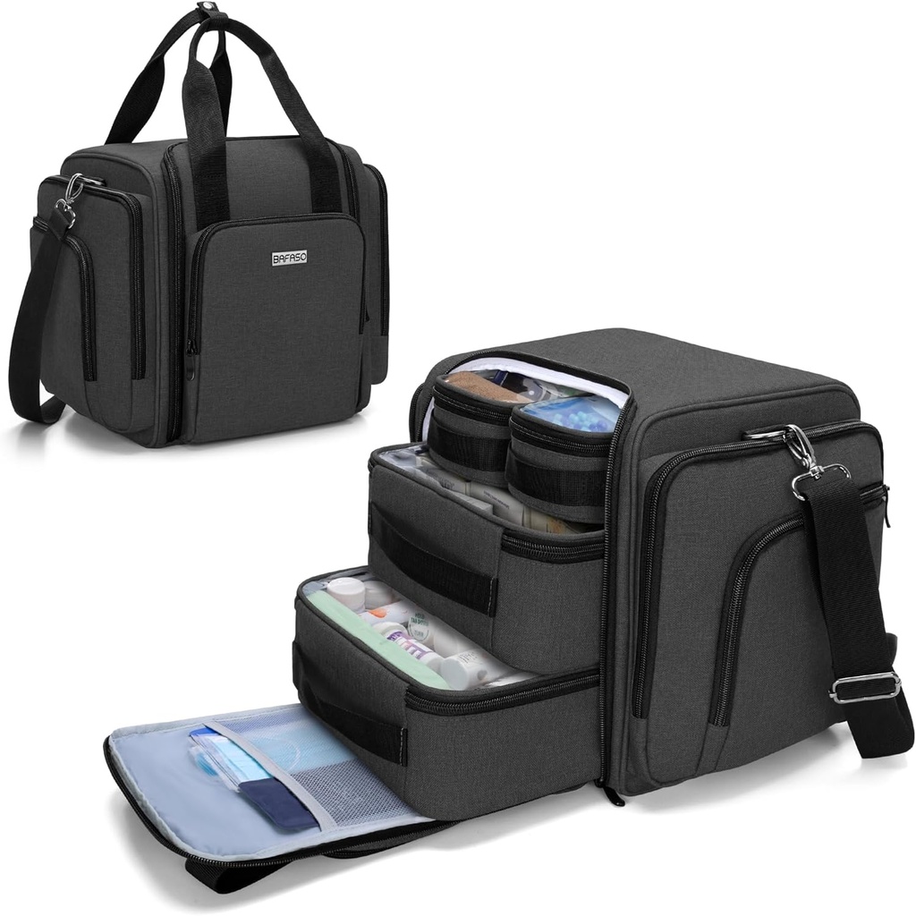 BAFASO gran organizador de botellas con 4 bolsas extraíbles internas, bolsa de medicina viene con el cuero cabelludo (BAG ONLY), negro