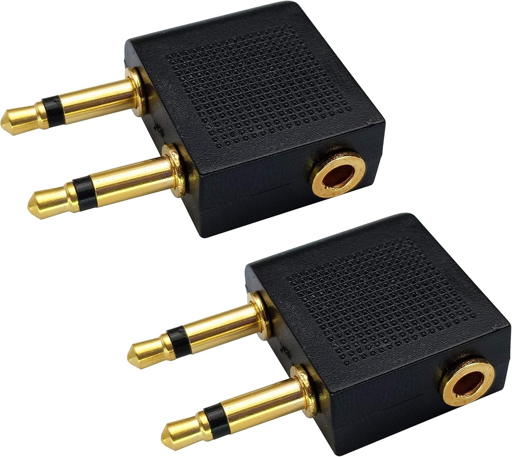 Doble 3.5mm (1/8") Hombre a 3.5mm Mujer Adaptador AUX Audio Jack para usar el auricular en vuelo Airplane Airline (2 Pack)