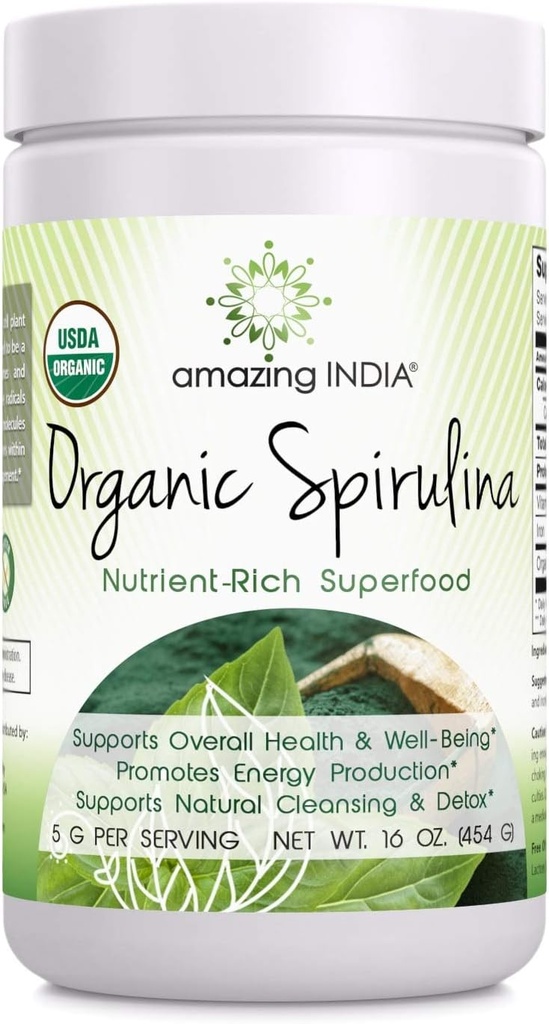 Increíble India Orgánica Espirulina Polvo (No-GMO) 16 oz (454 gm) - Apoya la regeneración celular, Salud Inmune, Detoxificación &amp; Salud general*