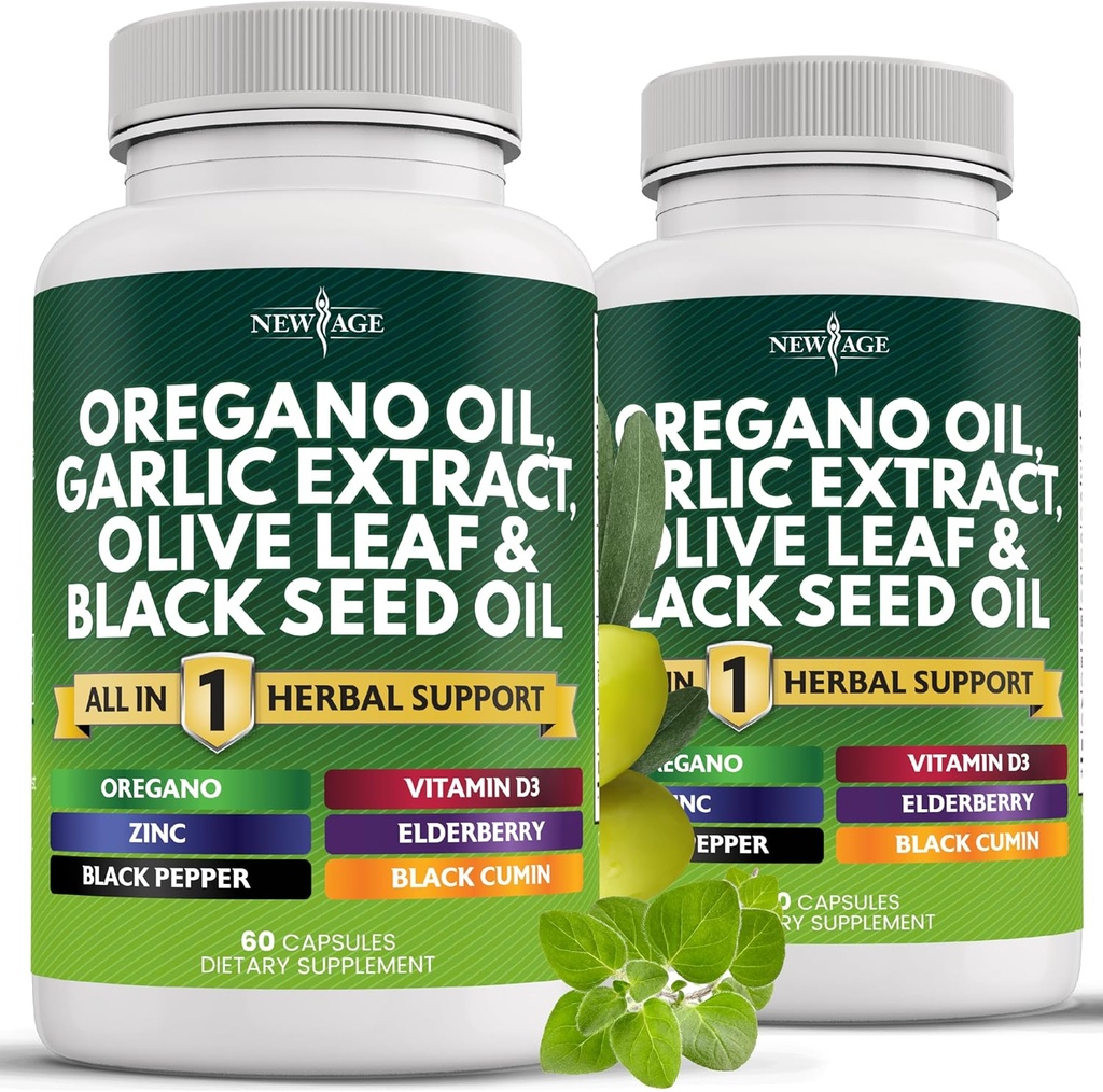 NUEVA AGE Oregano Aceite Ajo Extracto Hoja de oliva con Astragalus - Suplemento para Mujeres y Hombres - 120 Conde