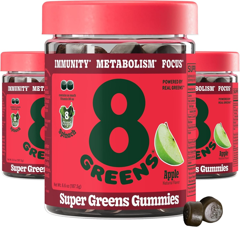 8Greens Gummies Super Greens Powder Superfood Gummy for Metabolism, Immunity & Focus, Digestive Health Enzymes, Organic: Chlorella, Spirulina, Aloe Vera, Apple Flavor, 150 Conde