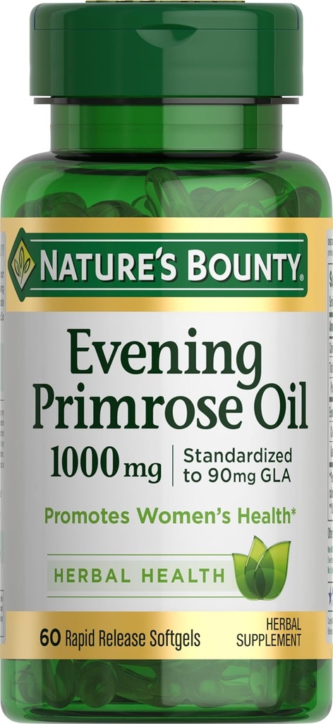 Bounty Primrose Oil 1000mg, promueve la salud de las mujeres, suplemento herbal, libre de gluten, 60 lanzamiento rápido Softgels