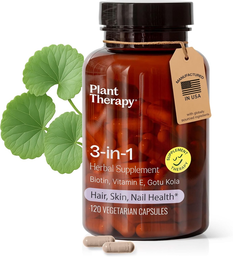 Terapia vegetal 3 en-1 Biotina Capsules con vitamina E & Gotu Kola Fabricado en EE.UU. 4 meses de suministro soporta la piel radiante, el crecimiento del cabello y fuertes uñas Suplementos para mujeres 120 cápsulas vegetarianas