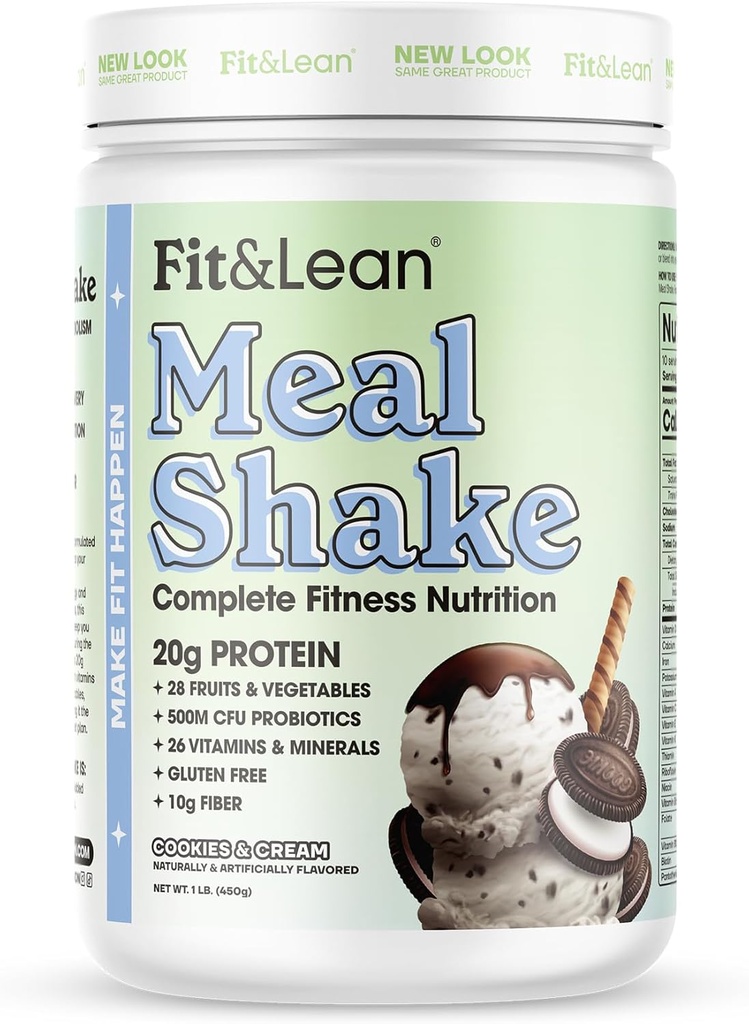 Fit " Lean Meal Shake, Fat Burning Meal Replacement, Meal Replacement with Protein, Fiber, Probiotics and Organic Fruits " Vegetables, Cookies y Crema, 1lb, 10 Servings Por Container