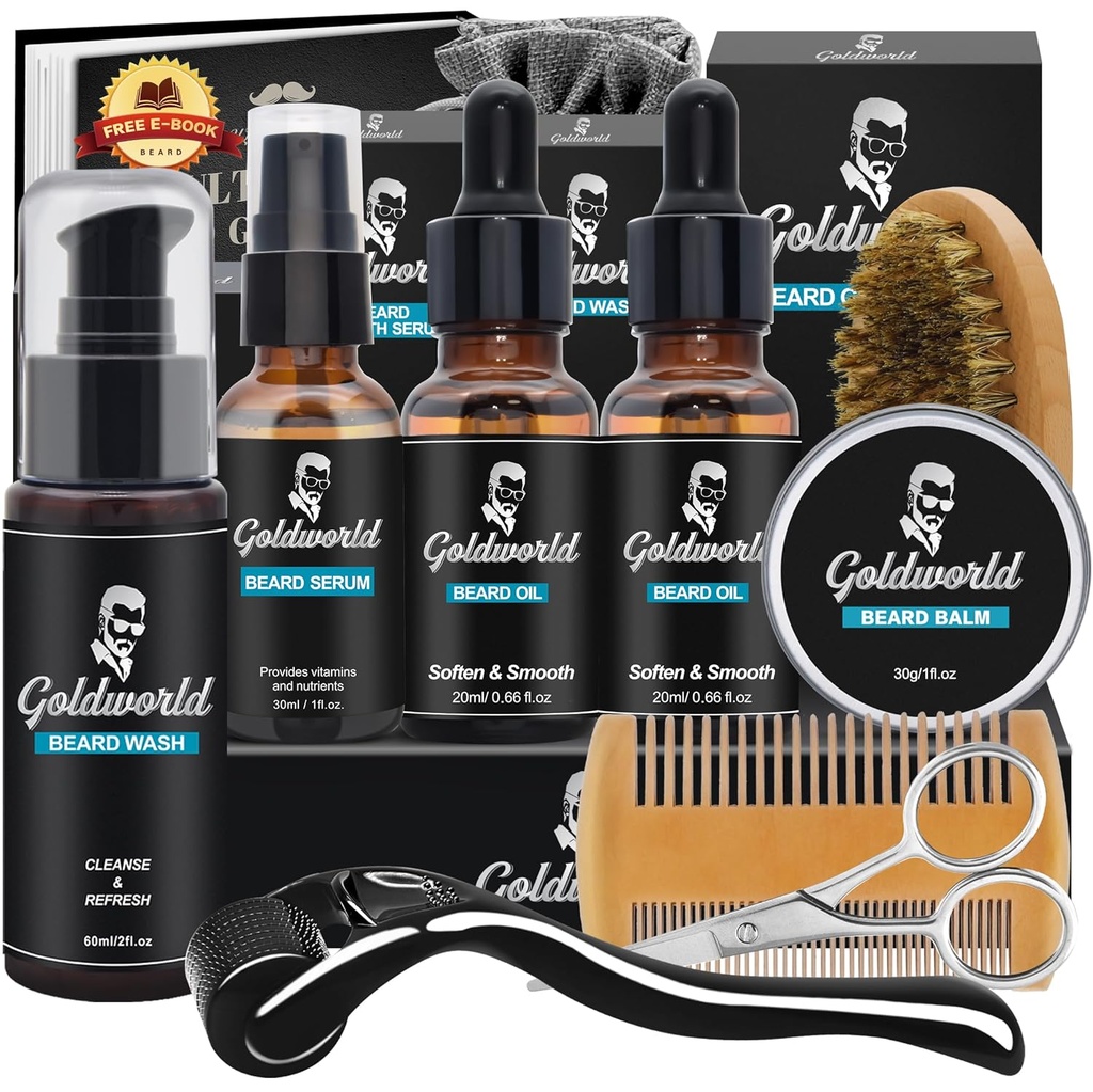 Beard Kit,Beard Grooming Kit w/Beard Wash/Shampoo,2 Packs Beard Oil,Beard Balm,Beard Wash,Brush,Comb,Scissor,Storage Bag,E-Book,Beard Care&Trimming Kit