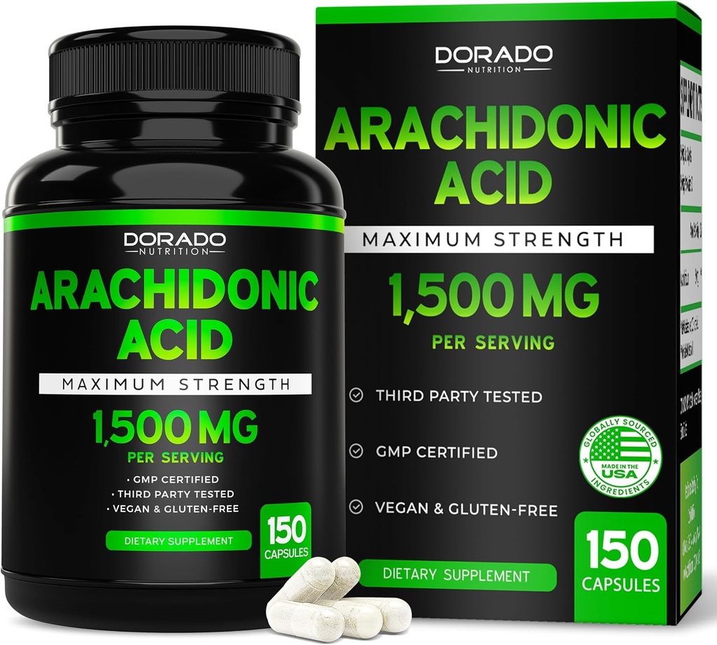 Suplemento de ácido araquidonico 1500mg (150 cápsulas) - Suplemento musculo y fuerza para la masa muscular " recuperación para hombres " mujeres - Gluten Free " Non-GMO - 3rd Party Tested - (150 cápsulas)