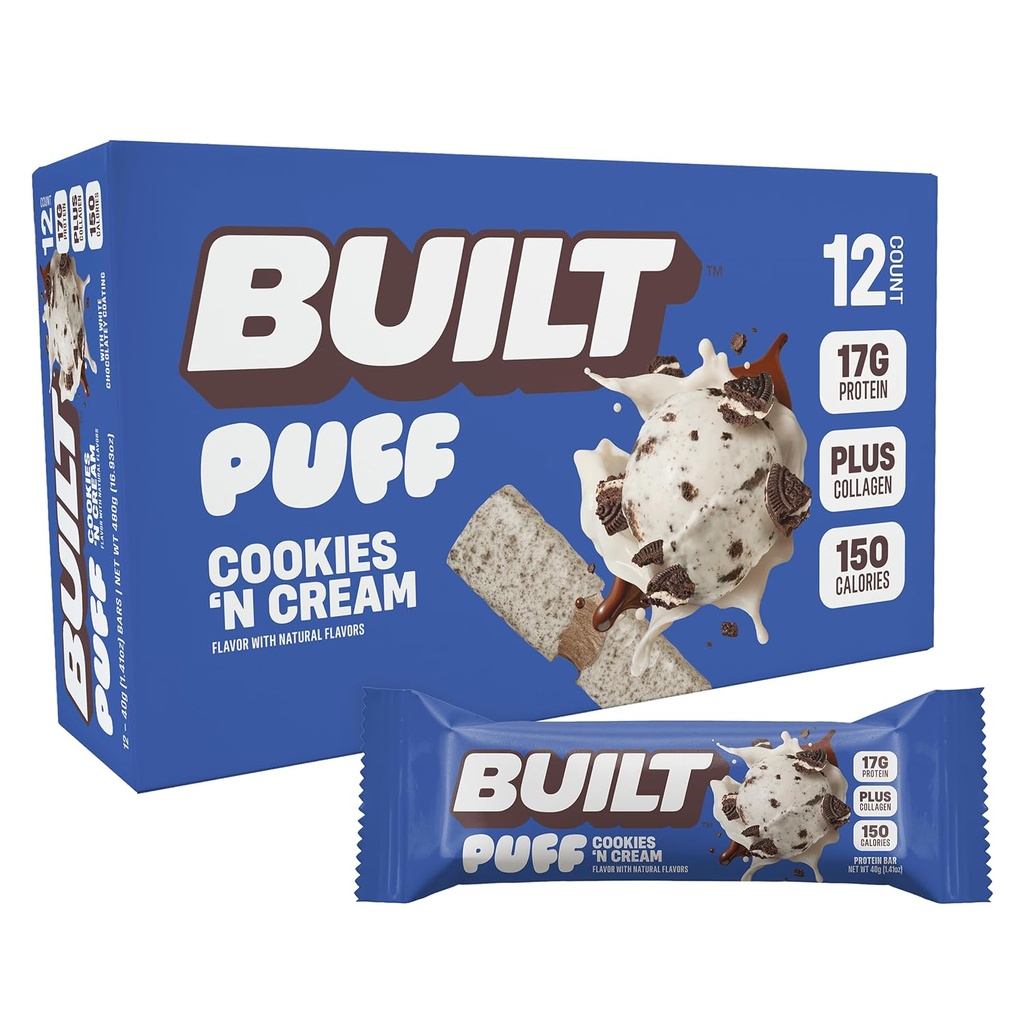 Bar, Puff Protein Bares, Cookies 'N Cream Puff, 17g Protein Snacks, On-The-Go Bars, Sólo 140 Calories, 7g Sugar, Collagen, Not Gluten Free, 12 Conde