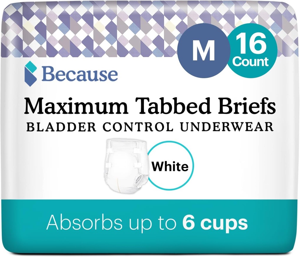 Debido a la incontinencia adulta Tabbed Briefs for Women and Men - Adjustable Unisex Maximum Absorbency Disposable Underwear, Anti-Odor, Holds 6 Cups - White, Medium, 16 Count (Pack of 1)