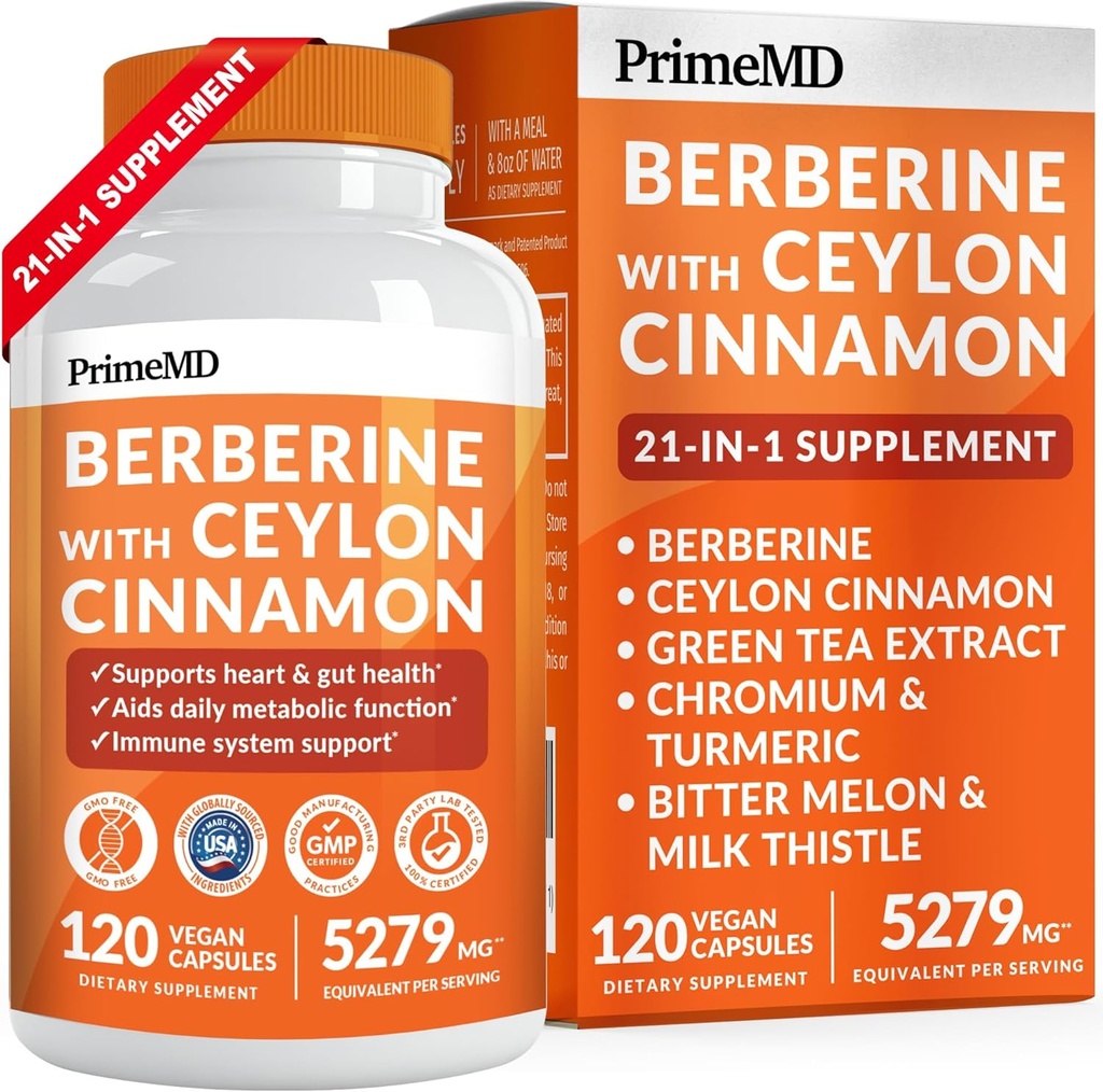 21-in-1 Suplemento de bereberina con canela de Ceylán con cromo, melón de bitter y té verde y extracto de pimiento negro 5X para energía y metabolismo Apoyo con 5279 mg (120 ct, paquete de 1)
