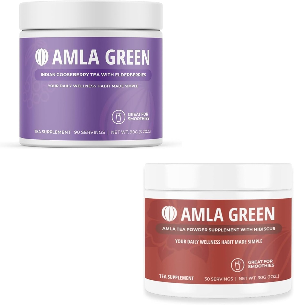 Amla Powder " Green Tea Superfood Supplement, Antioxidant Support, Made with Elderberries (90 Servings) " Hibiscus (30 Servings), Organic, Vegan