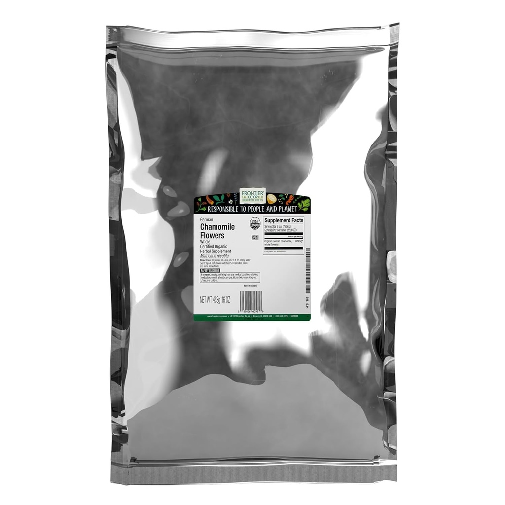 Frontier Co-op Organic Whole Chamomile Flowers, Kosher, Bulk Herb - Dried Chamomile Flowers for Tea, Natural Skincare Recipes and More | 16 Ounce (Pack of 1)