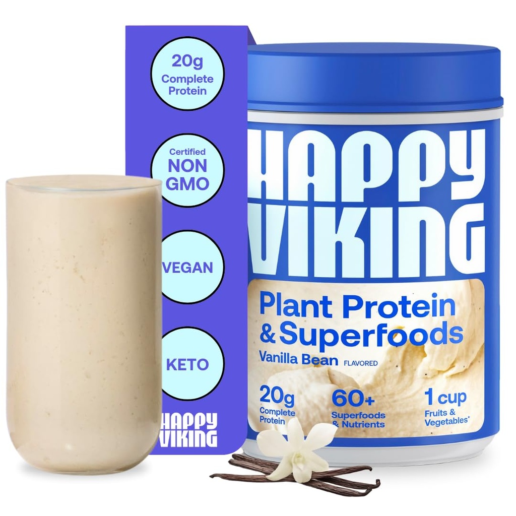 Happy Viking Vanilla Plant Protein Powder, Creado por Venus Williams, 20G Protein, Low Carb, Keto, Vegan, Gluten-Free, Non-GMO, Superfoods, Complete Meal Replacement, 1 Canister (24 oz.)