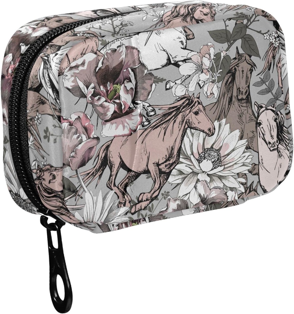 Fustylead Running Horses and Flowers Travel Pill Organizer Case Zipper for Purse with Removable Weekly Pill Box for Medicine, Vitamina, Supplement Medicine Organizer
