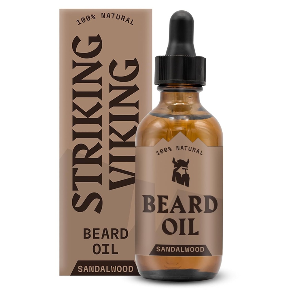 Striking Viking Sandalwood Beard Oil for Men - 2 Fl Oz, Sandalwood Scent - Natural Hydrating &amp; Softening Beard Care with Argan, Jojoba, Almond & Tea Tree - Non-Greasy, Fast-Absorbing Formula