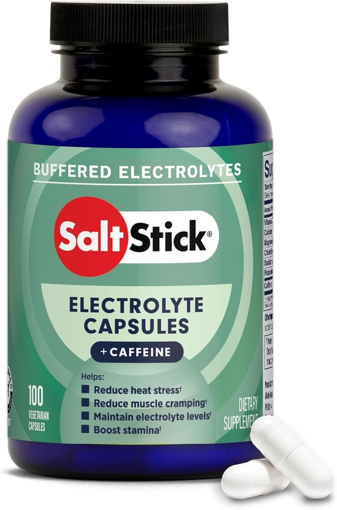 SaltStick Electrolytes con Caffeine - Salt Pills and Electrolytes for Running, Hydration, Leg Cramps Relief, Sports Recovery, Hiking Essentials - Sal, Magnesium, Potassium, Vitamina D3 - 100 Cuenta