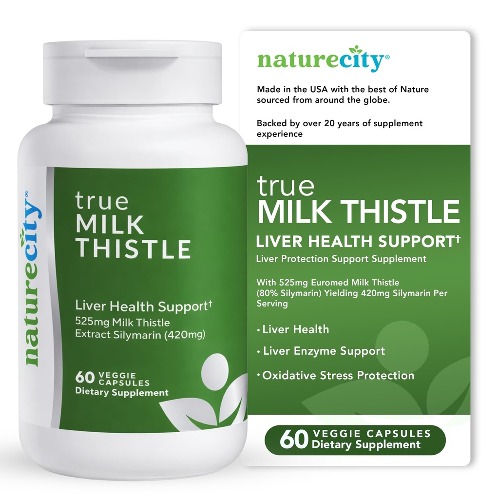 NatureCity TrueMilkThistle ← Milk Thistle Suplemento 525mg TENIDO Milk Thistle (80% silymarin) que contiene 420mg de Silymarin Silencio Antioxidante Apoyo Silencioso Apoyo al Vivo Suplemento TEN 60 Veggie Capsules