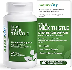 NatureCity TrueMilkThistle | Milk Thistle Supplement 525mg | Milk Thistle (80% silymarin) containing 420mg of Silymarin | Antioxidant Support | Liver Support Supplement | 60 Veggie Capsules