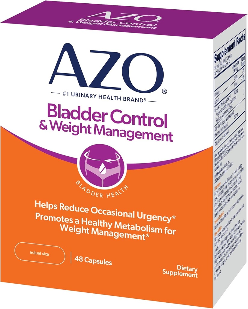 AZO Control de la vejiga con Go-Less® &amp; Weight Management Suplemento dietético TEN Ayuda a reducir la frecuencia ocasional* ← Promociona el metabolismo saludable* ← Soporta el sueño de una buena noche* ← 48 cápsulas