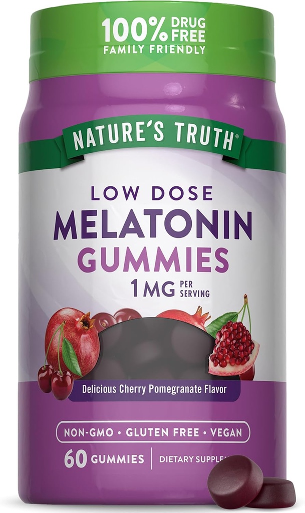 La verdad de la naturaleza Melatonin Gummies  1mg ← 60 Conde ← Cherry Pomegranate Flavor ← Vegan, Non-Gluten Free Supplement