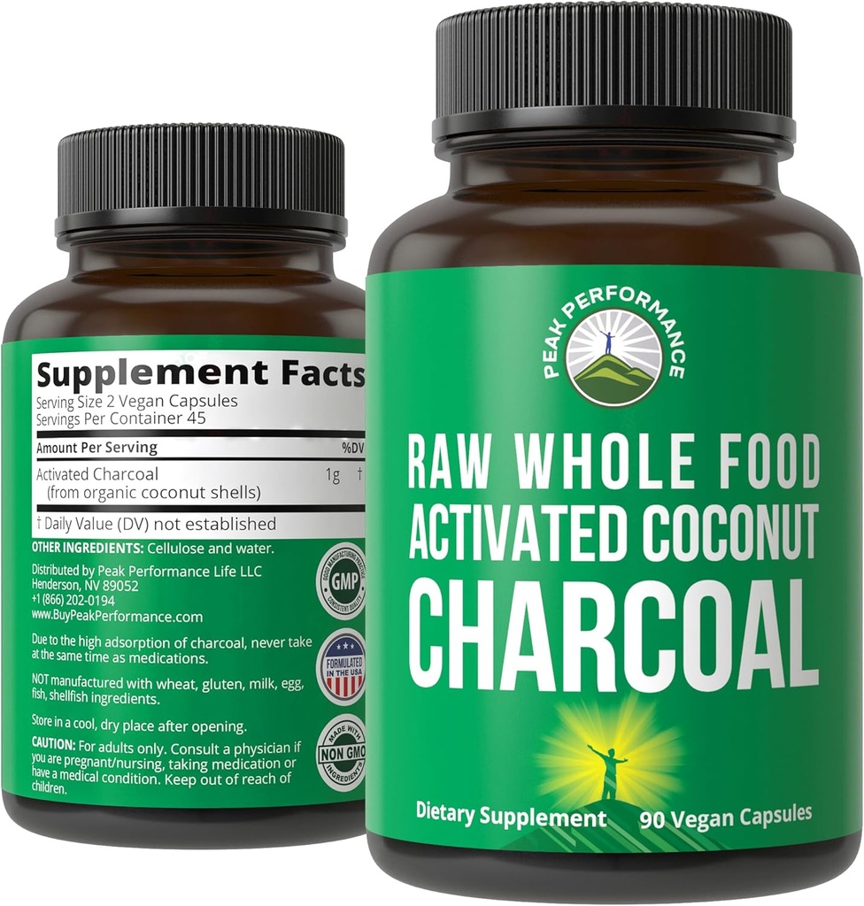 Rendimiento de pico Cápsulas de carbón vegetal activadas de coco coco silvestres cosechados. Mejor suplemento de cáscaras de carbón seguro para Detox, Gas Relief, Bloating. para Hombres y Mujeres 90 Todas las tabletas naturales