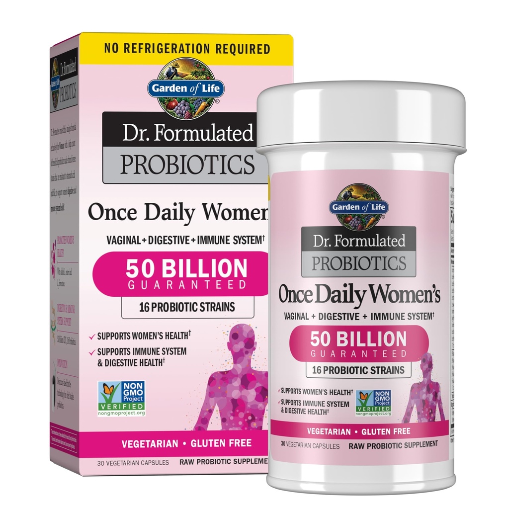 Jardín de la vida Una vez Daily Dr. Formulated Probiotics for Women 50 Billion CFU 16 Probiotic Strains with Organic Prebiotics for Digestive, Vaginal & Immune Health, Dairy Free, Shelf Stable 30 Capsules