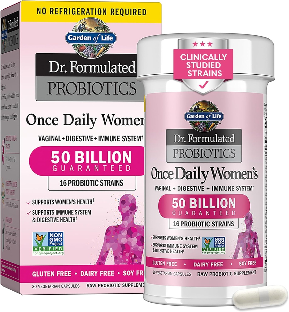 Jardín de la vida Una vez Daily Dr. Formulated Probiotics for Women 50 Billion CFU 16 Probiotic Strains with Organic Prebiotics for Digestive, Vaginal & Immune Health, Dairy Free, Shelf Stable 30 Capsules