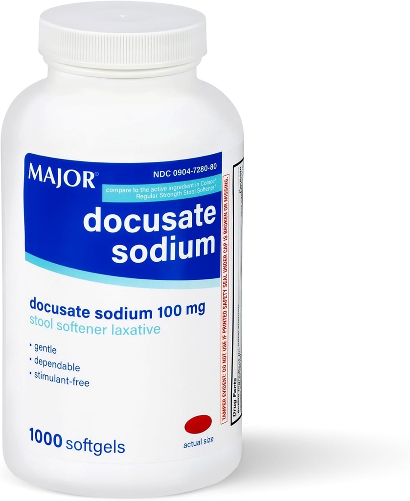MAJOR Docusate Sodium 100mg, Stool Softener Laxative for Occasional Constipation Relief - Gentle, Dependable, Stimulant-Free, 1000 Softgels