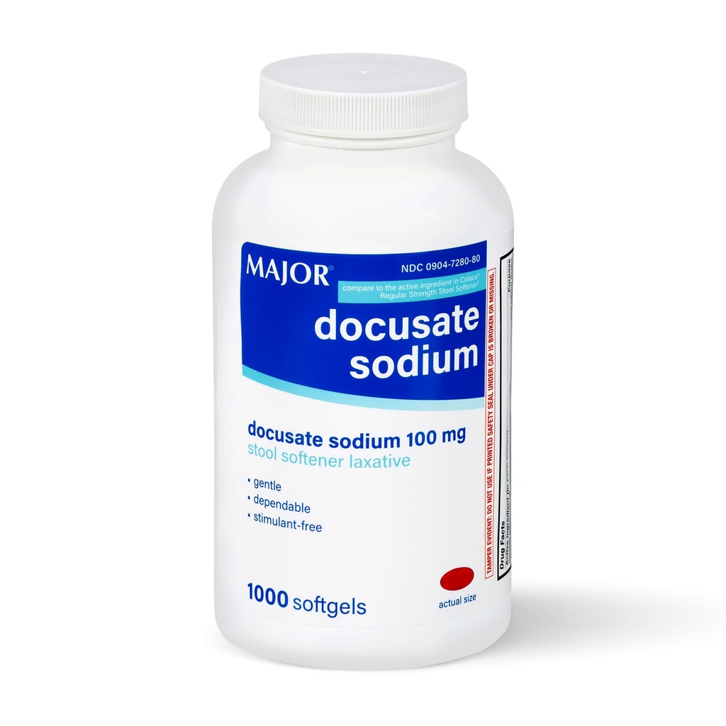 MAJOR Docusate Sodium 100mg, Stool Softener Laxative for Occasional Constipation Relief - Gentle, Dependable, Stimulant-Free, 1000 Softgels