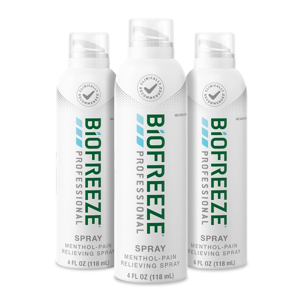 Biofreeze Professional Doin Relief Spray for Knee, Neck, Hip, Joint, Hombro, " Simple Backache, Arthritis Dolor de Dolor, Sore Muscle Relief, Colorless Menthol Spray 4 Fl Oz (Pack of 3)