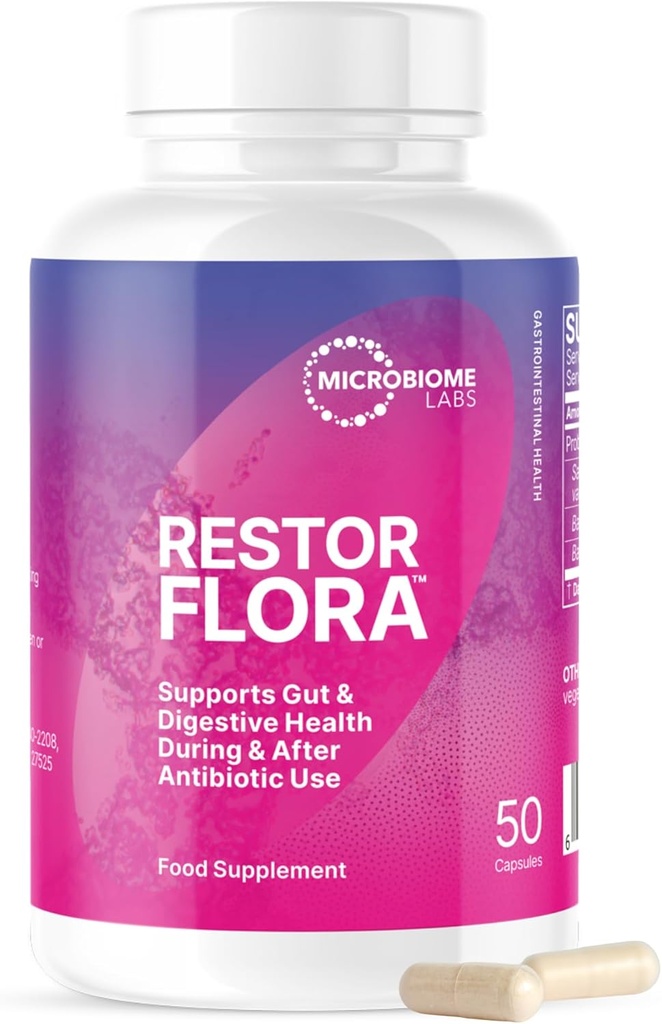 Microbioma Laboratorios Restorflora Probióticos para la Salud Digestiva - Suplementos de Salud Gut con Probióticos de Acción Dual para Mujeres, Hombres y Niños 5+ - Apoyo Bowel Regularidad & Immune Función (60 cápsulas)