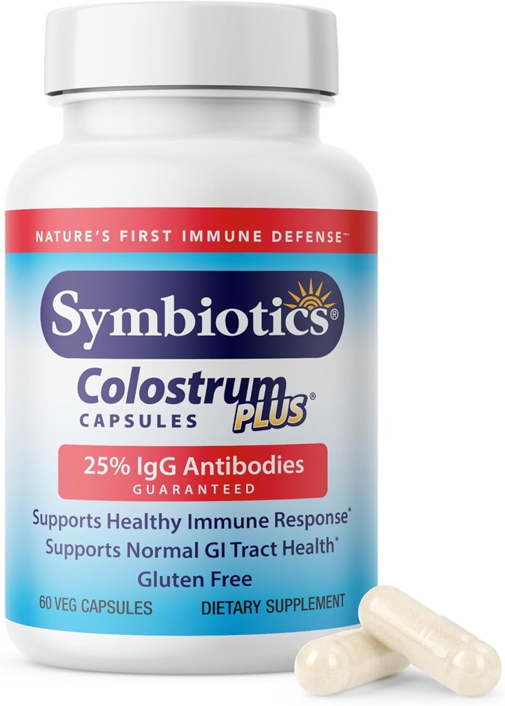 Symbiotics Colostrum 60ct Vegetable Capsules - Immunity Support - Lactoferrin Supplement & Colostrum Protein with Immunoglobulin - 25% lgG Antibodies - Gluten Free