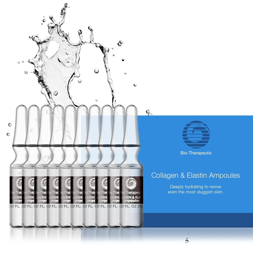 Bio-Therapeutic Collagen & Elastin Ampoules, Concentrated Facial Serum Hydrates and Firms All Skin Types with Gentle and Restorative Water Based Formula - 10 Glass Vials