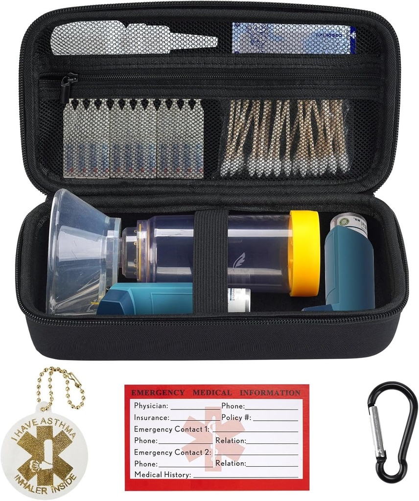 YouKnow Travel Carrying Case for Asthma Inhaler, Inhaler Spacer for Adults and Children, Mask, Inhaler Holder with Asthma Warning Label and Medical Card, with Carabiner (Case Only) (Black)