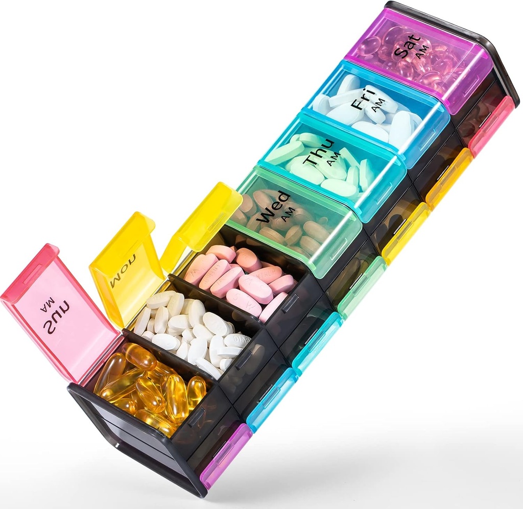 Extra Large Weekly Pill Organizer 2 veces al día - Betife 7 Day Pill Box, AM PM Pill Case with Double Layer Jumbo Compartment for Pills, Vitamina, Fish Oil, Supplements (Rainbow)